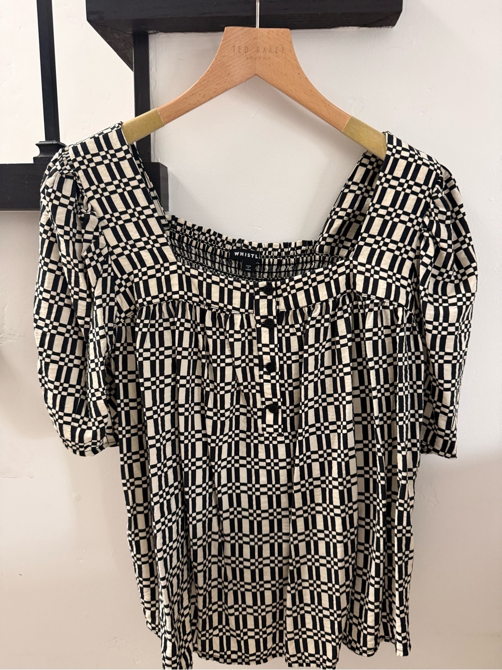 Whistles Black and Cream Geometric Square Neck Puff Sleeve Blouse